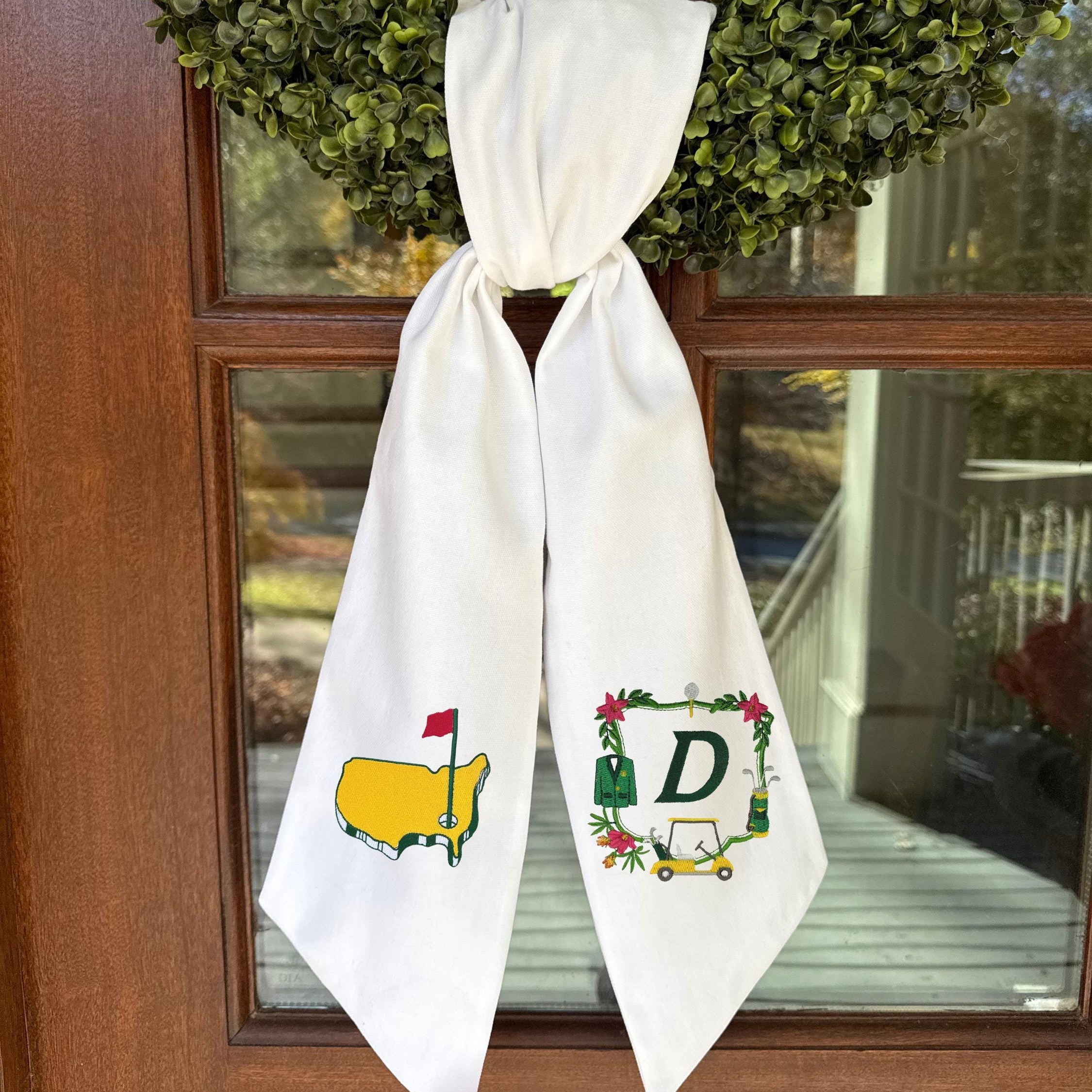 Embroidered Masters Wreath Sash, Personalized Wreath Sash, Golf Wreath Sash, Masters Tournament, White, Green and Yellow