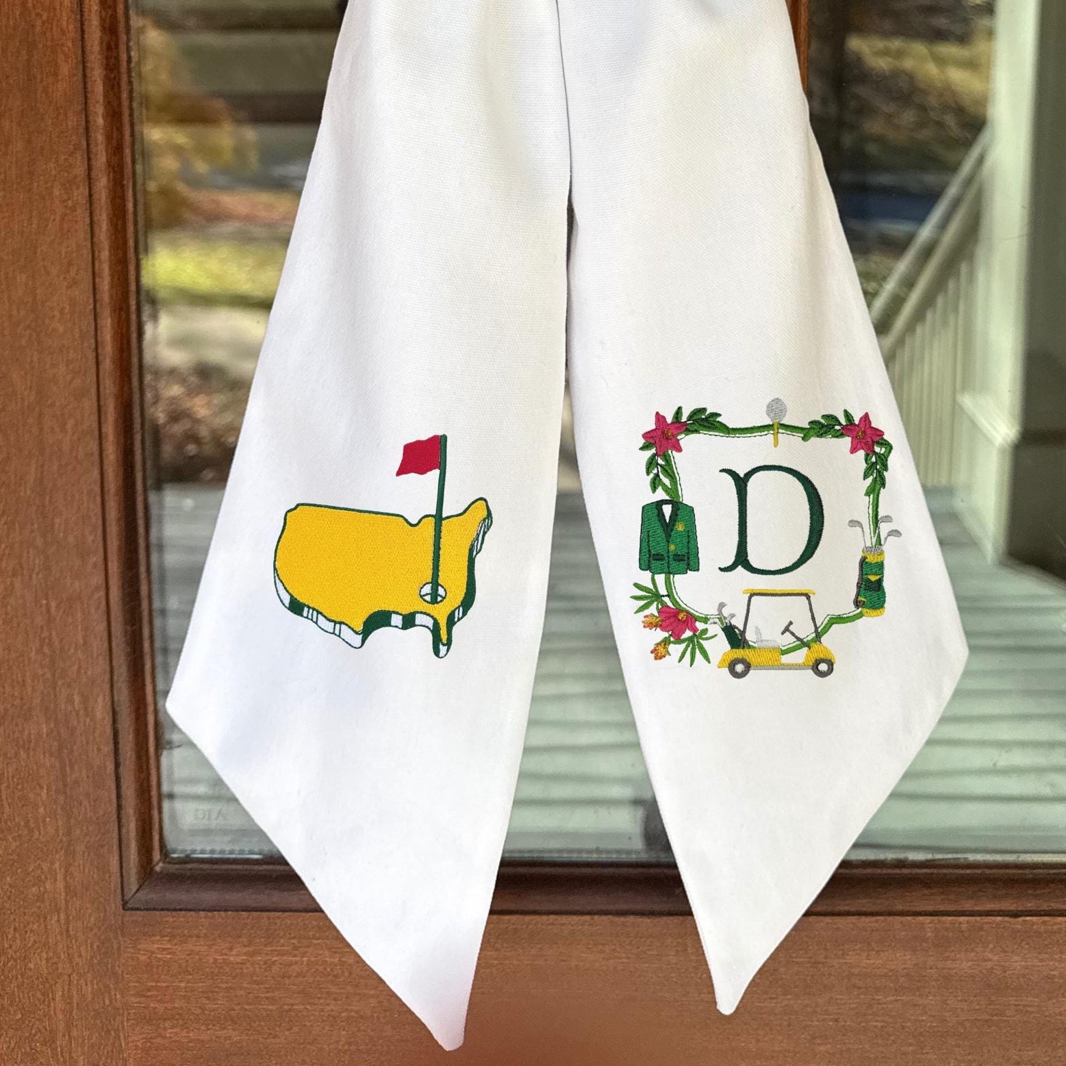 Embroidered Masters Wreath Sash, Personalized Wreath Sash, Golf Wreath Sash, Masters Tournament, White, Green and Yellow