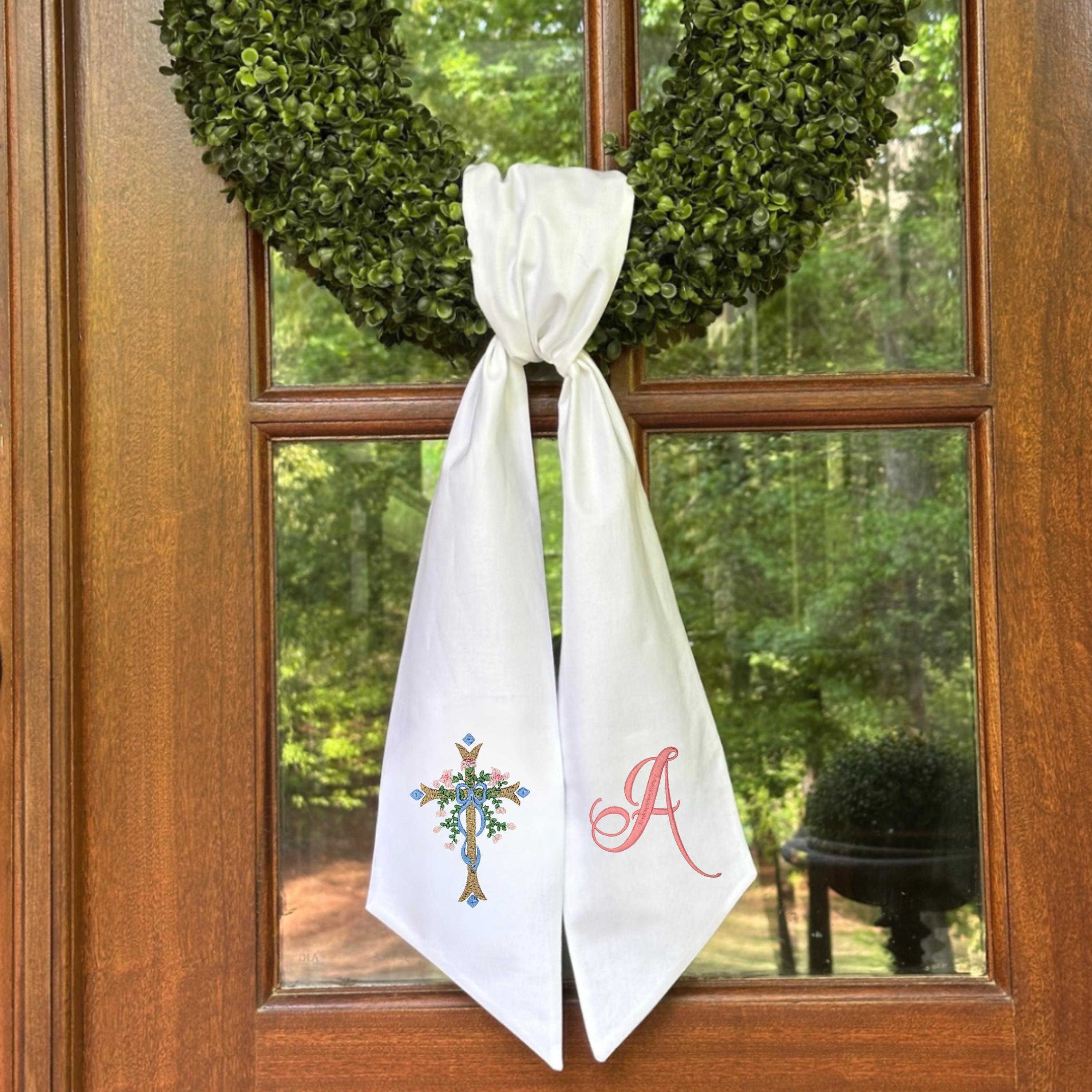 Personalized Easter Embroidered Wreath Sash for Front Door | Cross | Religious Sash| Monogram Door Decor | Handmade Wreath Sash