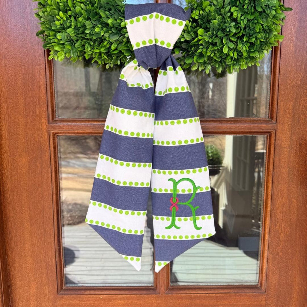 Striped Floral Wreath Sash, Embroidered Monogram, Front Door Decor, Custom Monogram, Preppy Wreath Sash, Navy, White and Green