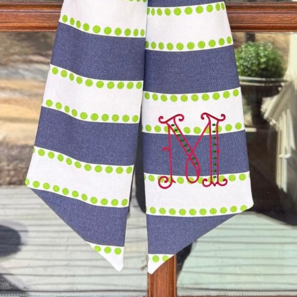 Striped Floral Wreath Sash, Embroidered Monogram, Front Door Decor, Custom Monogram, Preppy Wreath Sash, Navy, White and Green