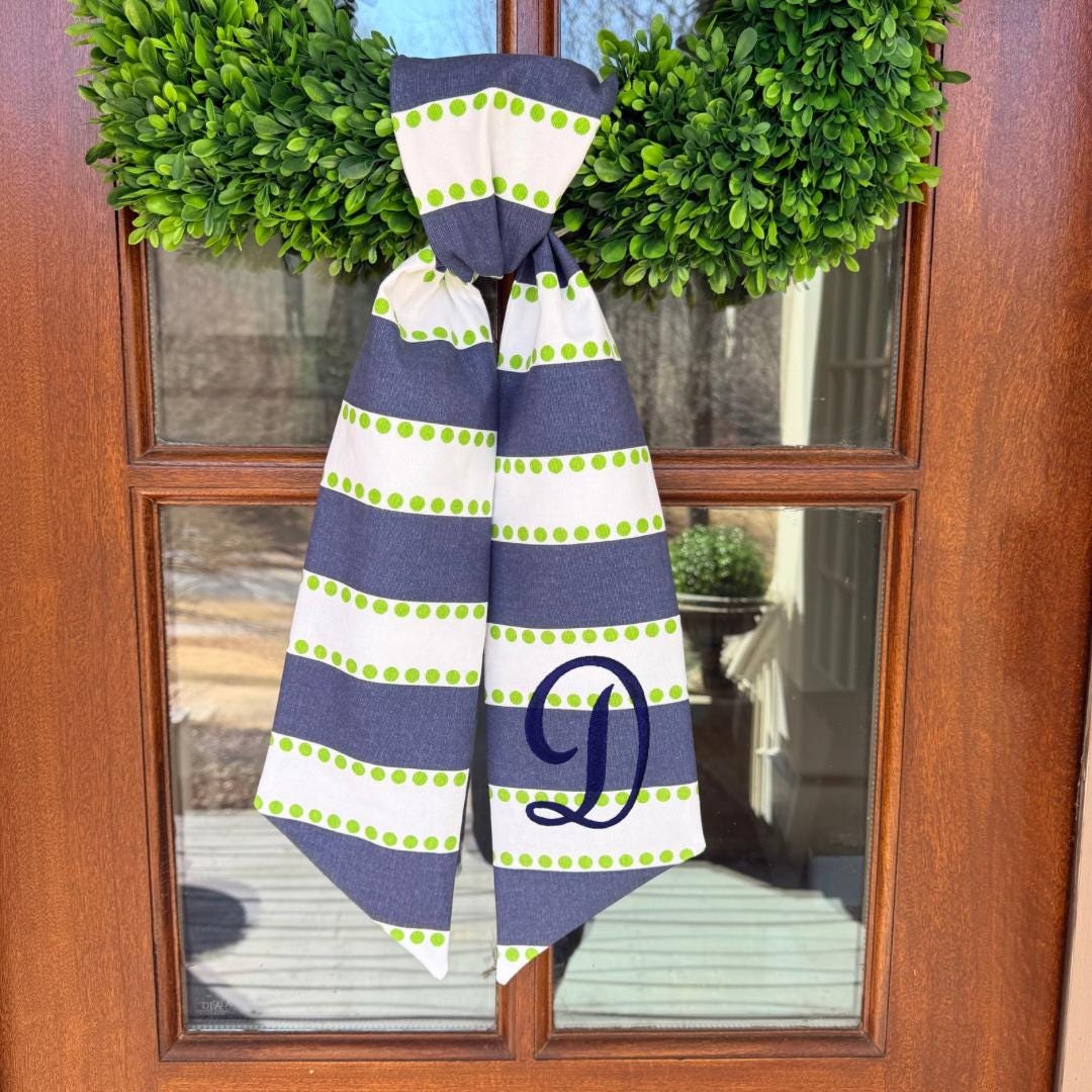 Striped Floral Wreath Sash, Embroidered Monogram, Front Door Decor, Custom Monogram, Preppy Wreath Sash, Navy, White and Green
