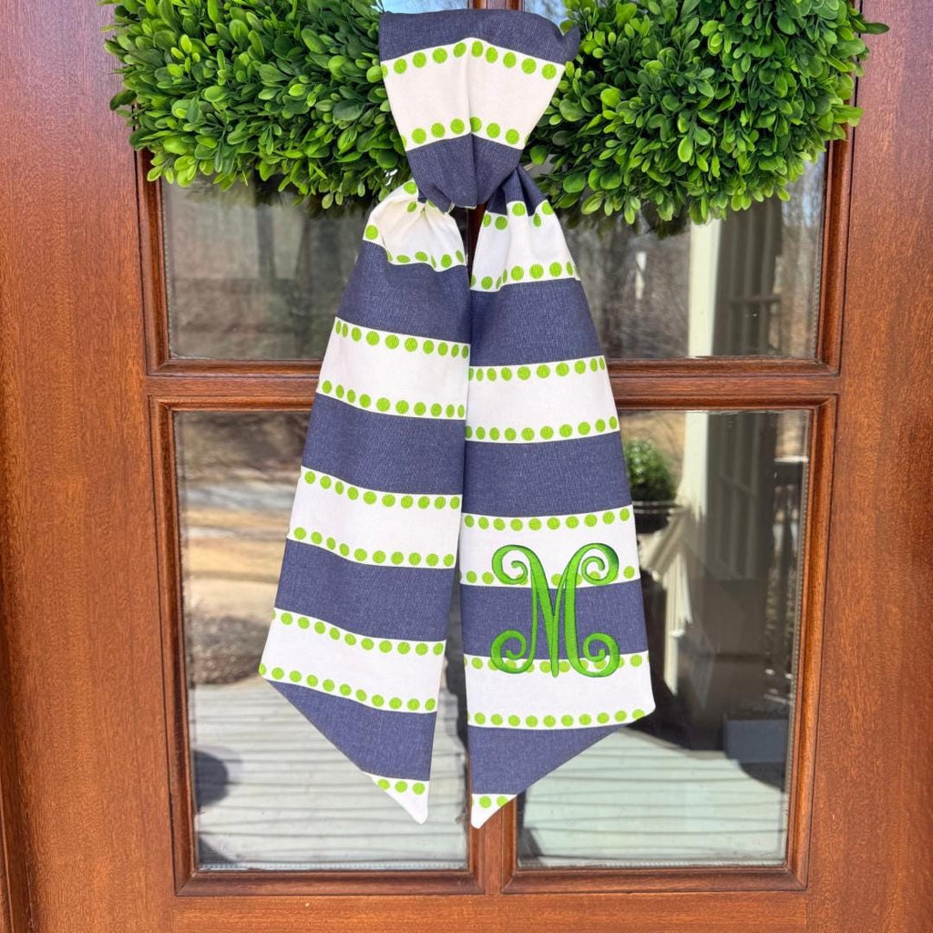 Striped Floral Wreath Sash, Embroidered Monogram, Front Door Decor, Custom Monogram, Preppy Wreath Sash, Navy, White and Green